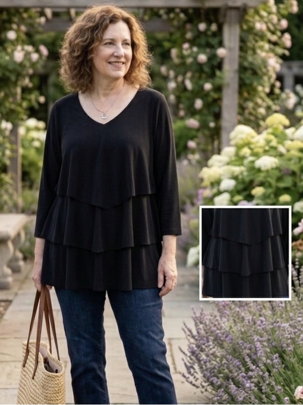 Susan Graver blackTiered oversized
EUC v neck top
Poly blend siize M